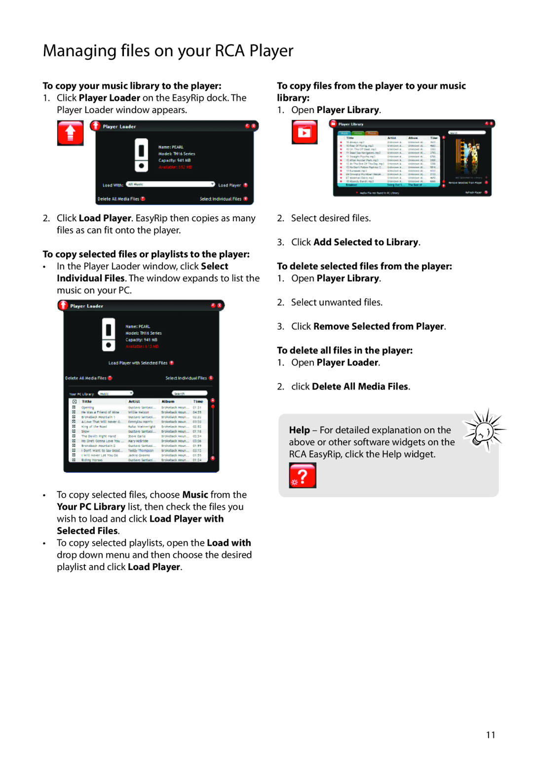 RCA TH160, TC160 user manual To copy your music library to the player, Select unwanted files 