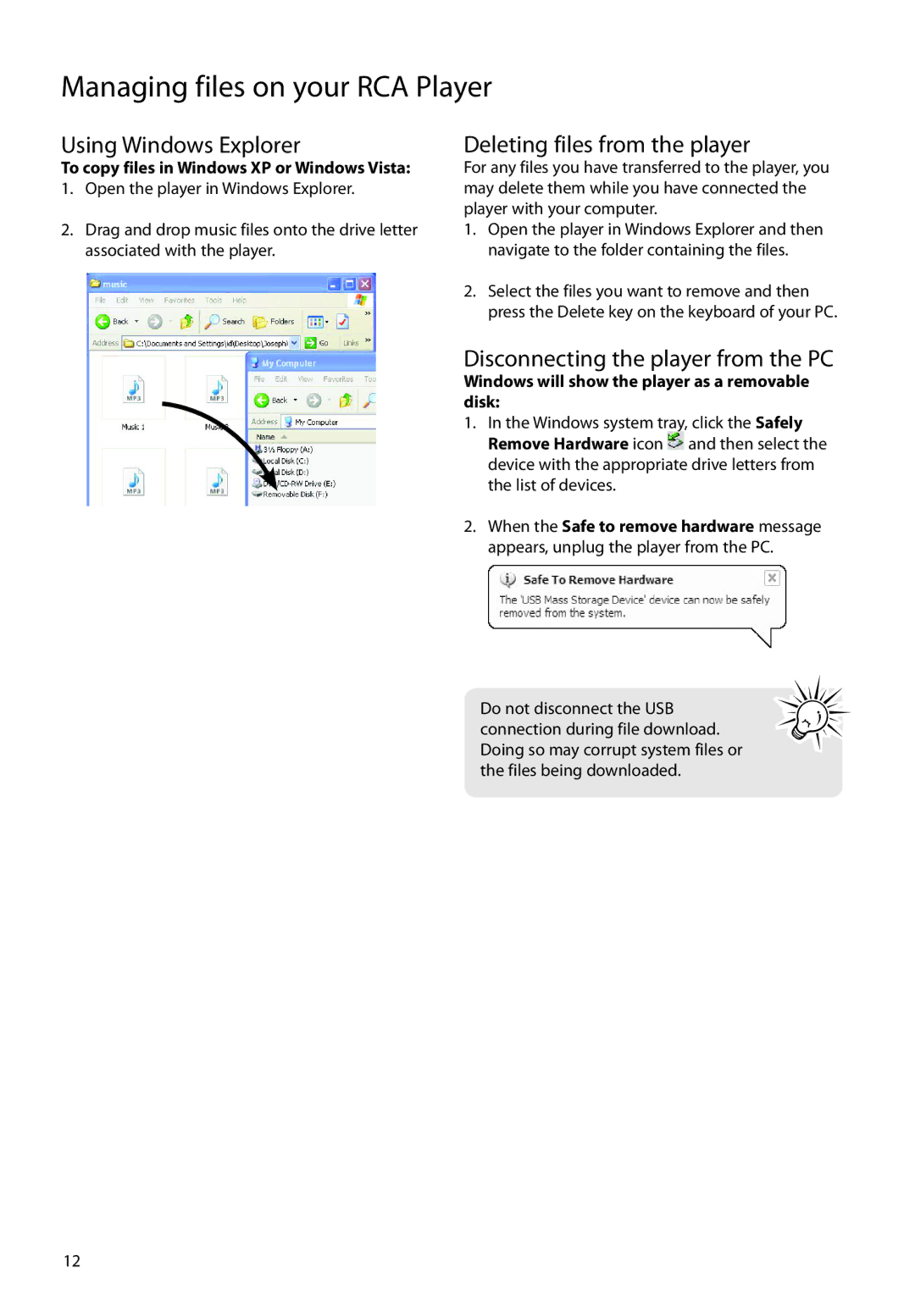 RCA TC160, TH160 user manual Using Windows Explorer, Deleting files from the player, Disconnecting the player from the PC 