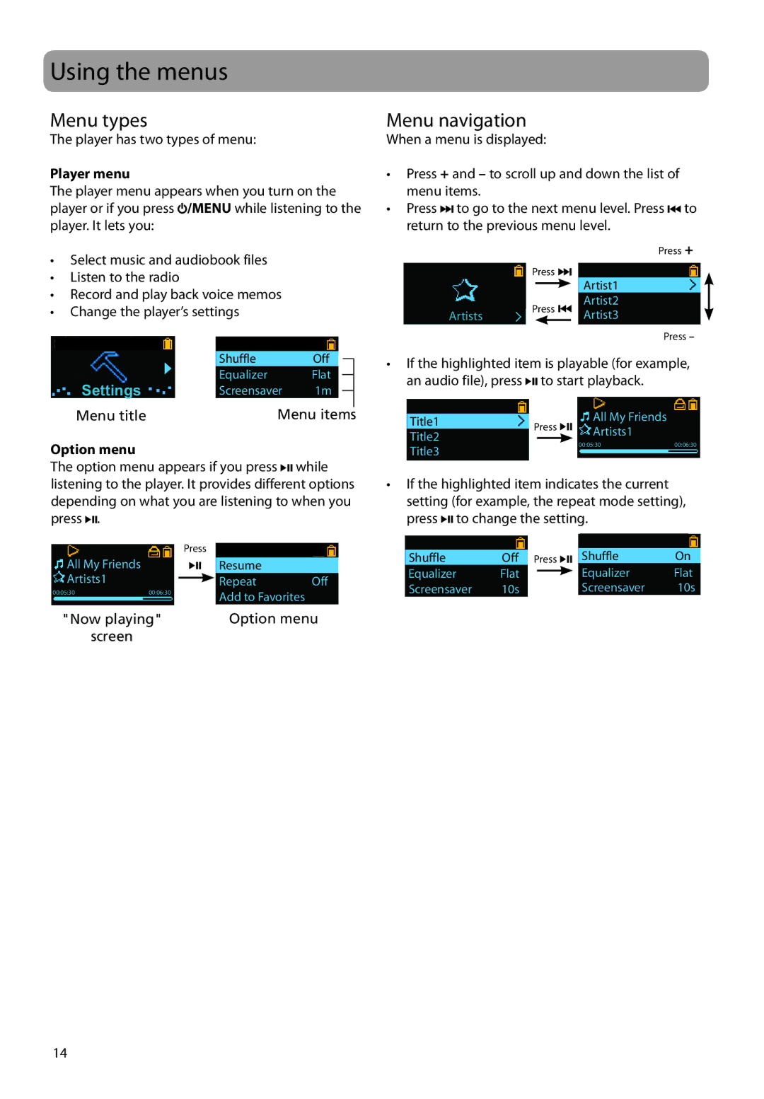 RCA TC160, TH160 user manual Using the menus, Menu types, Menu navigation, Player menu, Option menu 