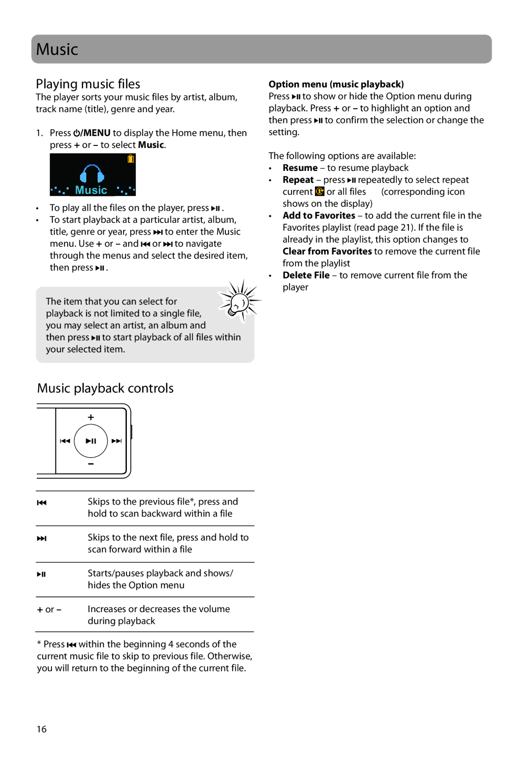 RCA TC160, TH160 user manual Playing music files, Music playback controls, Option menu music playback 