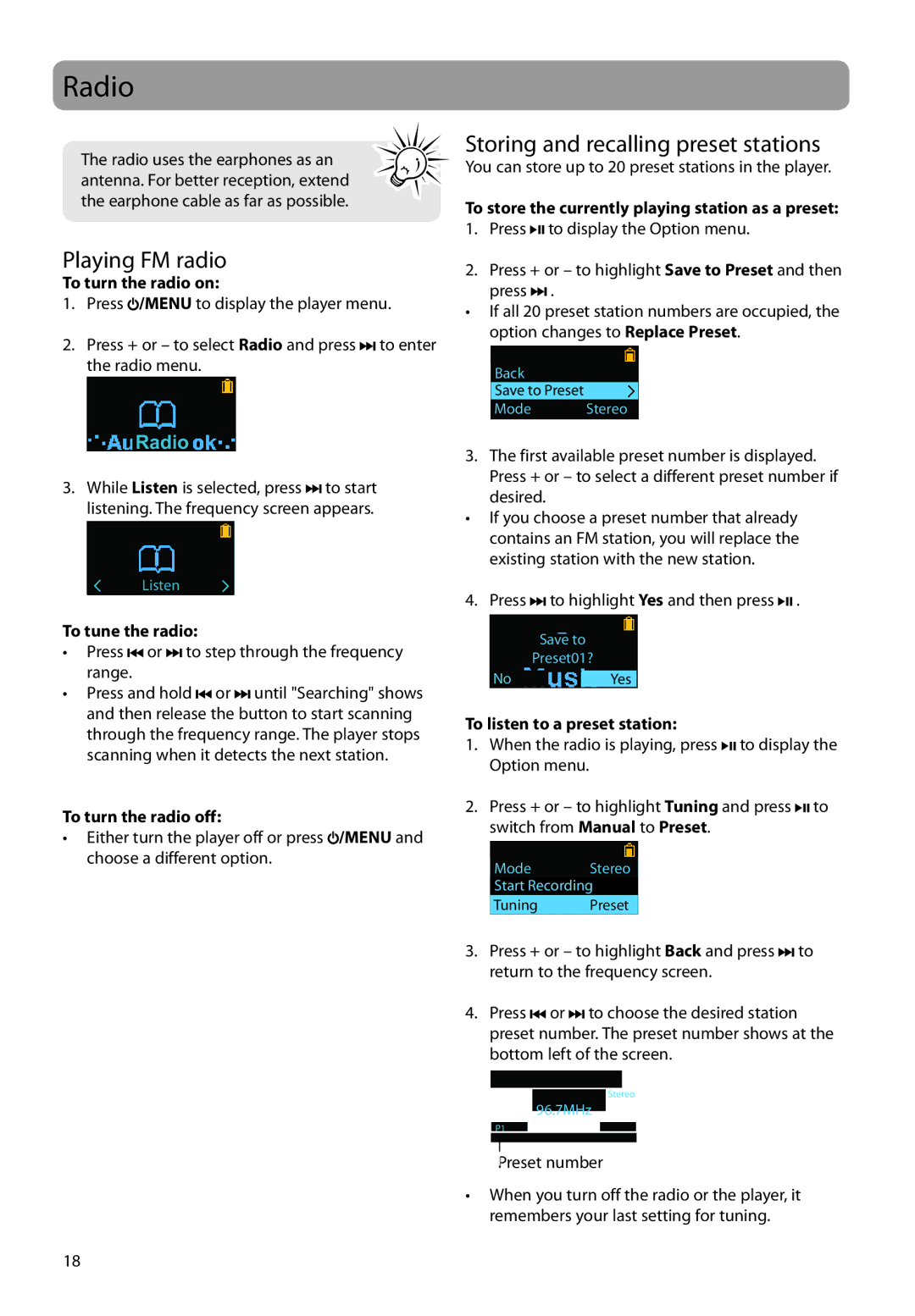 RCA TC160, TH160 user manual Radio, Playing FM radio, Storing and recalling preset stations 