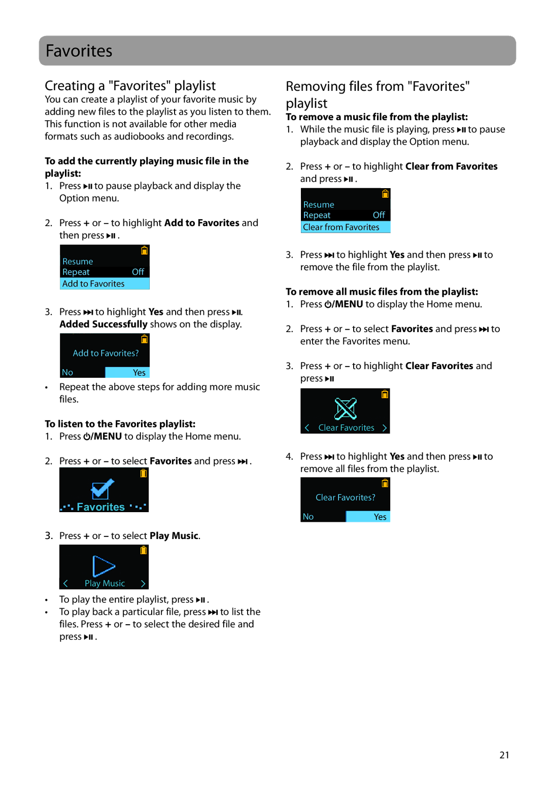 RCA TH160, TC160 user manual Creating a Favorites playlist, Removing files from Favorites playlist 