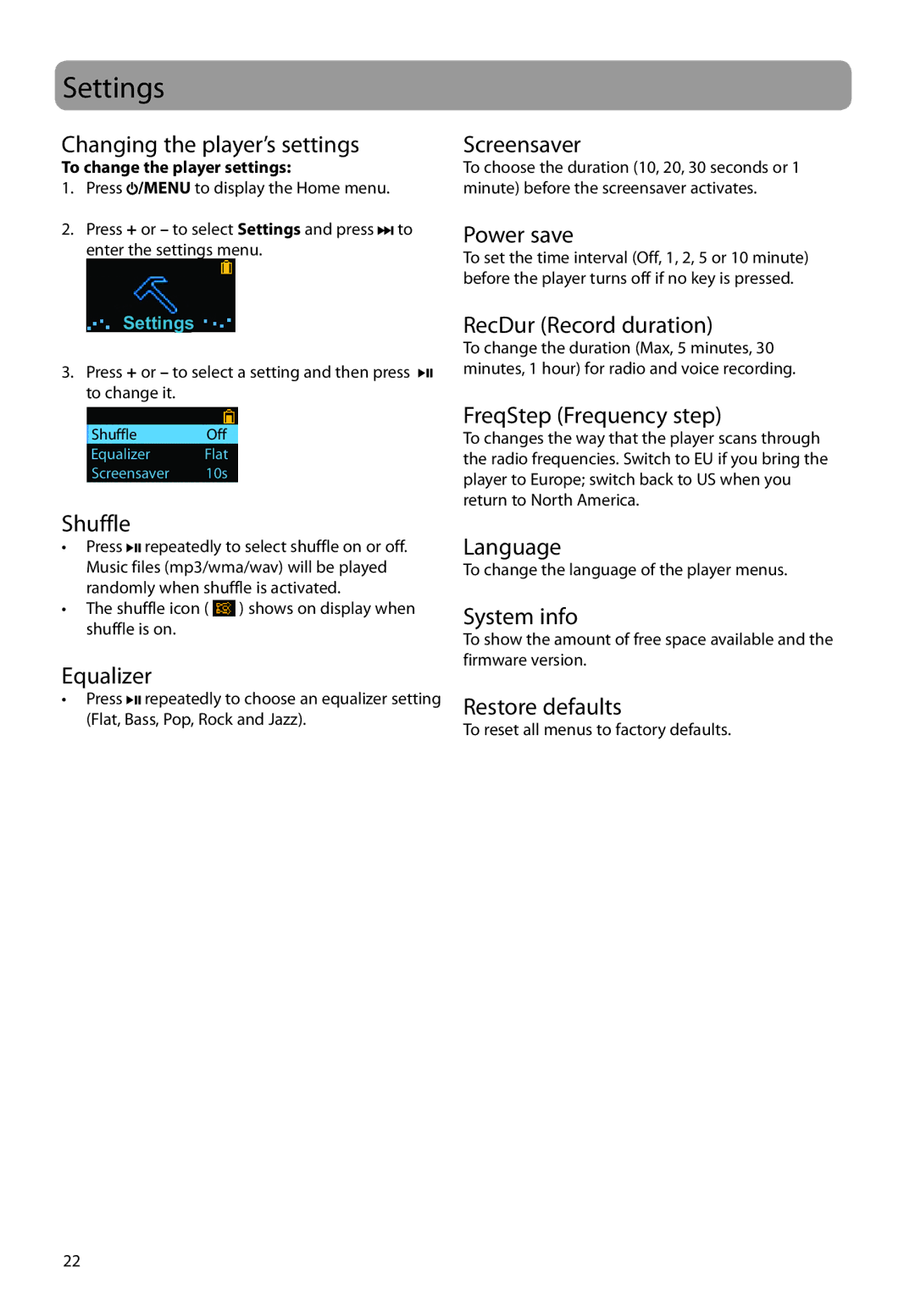 RCA TC160, TH160 user manual Settings 