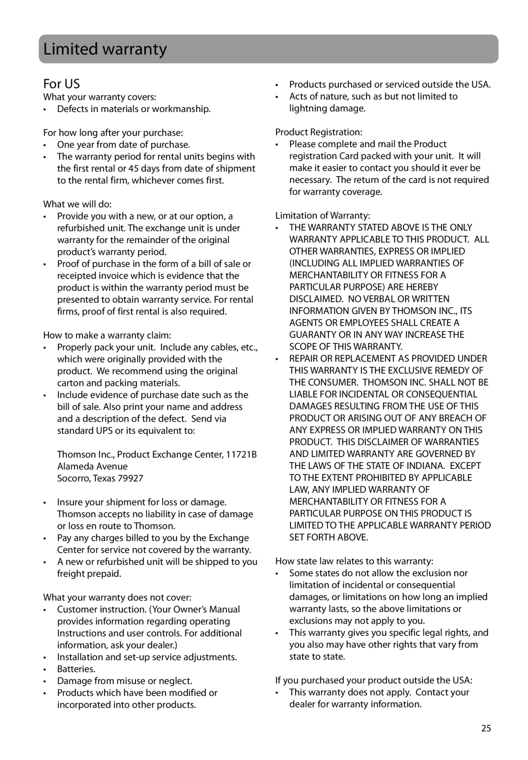 RCA TH160, TC160 user manual Limited warranty, For US, How state law relates to this warranty 