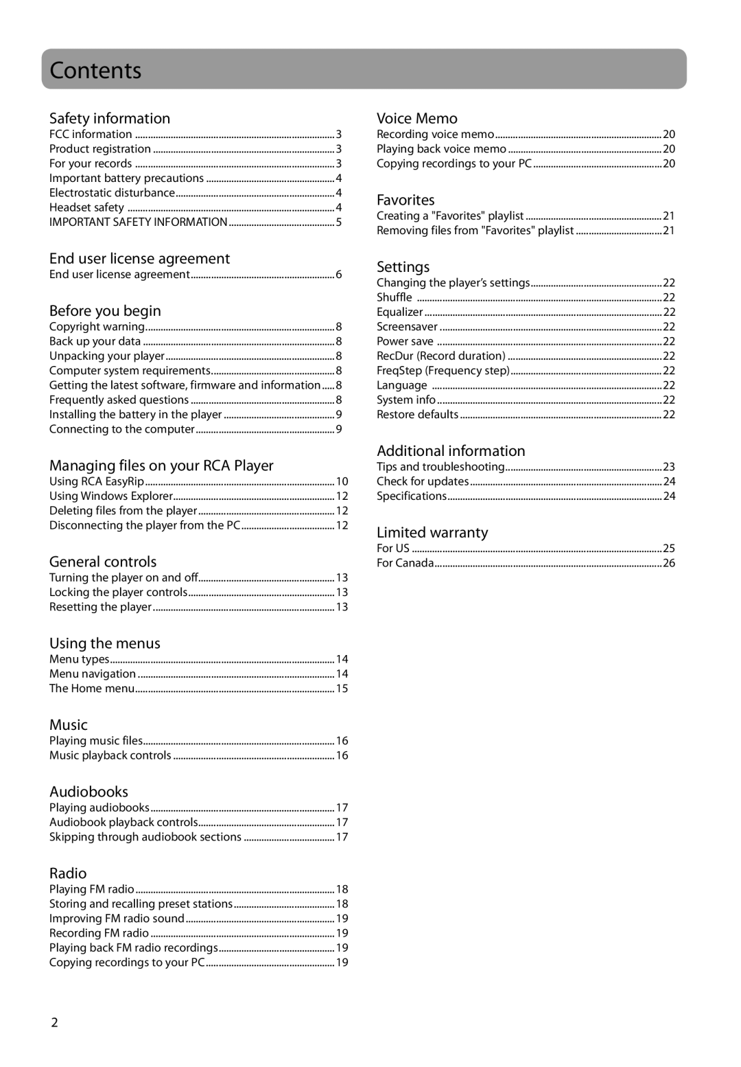 RCA TC161 series user manual Contents 