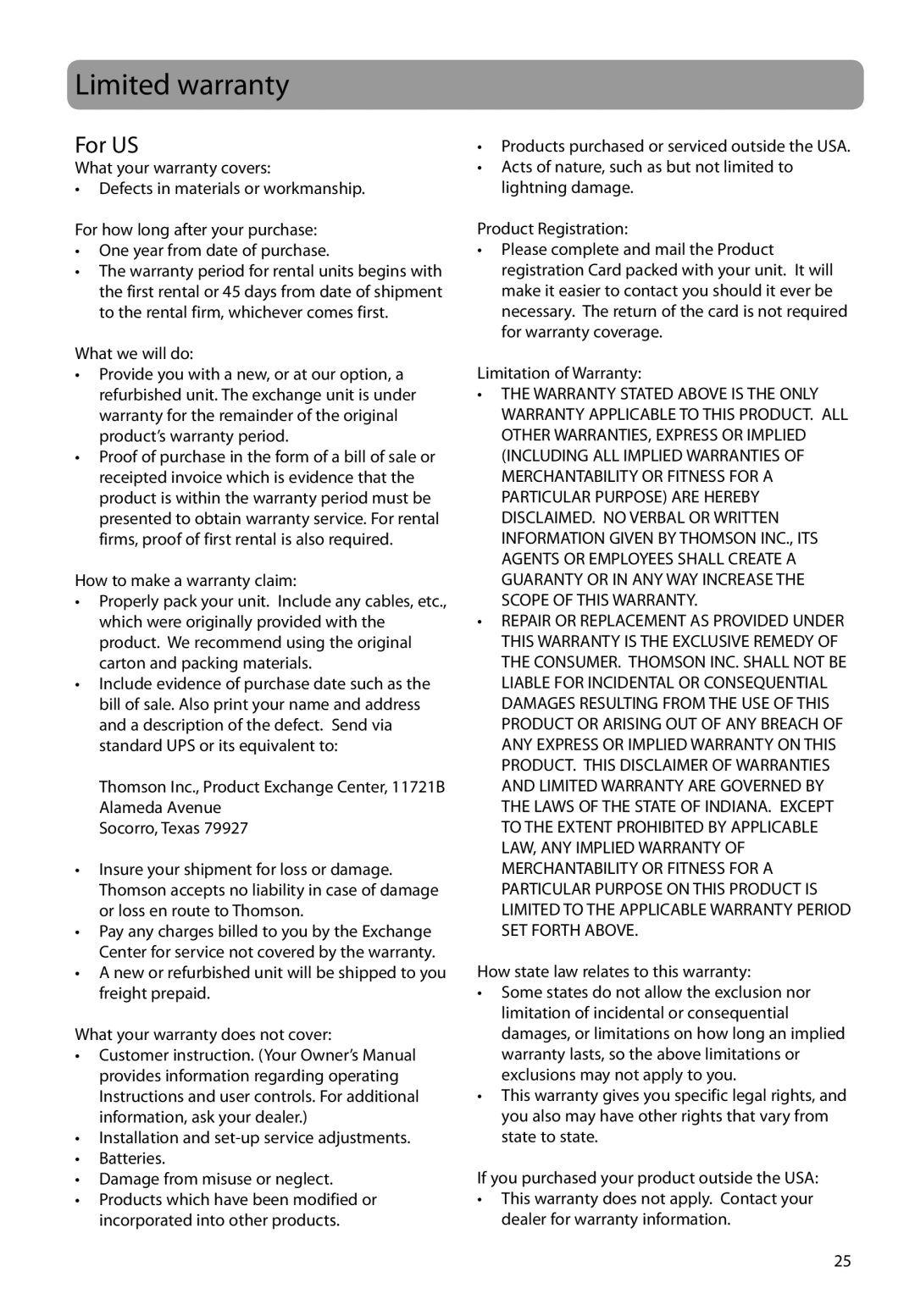 RCA TC161 series user manual Limited warranty, For US, How state law relates to this warranty 