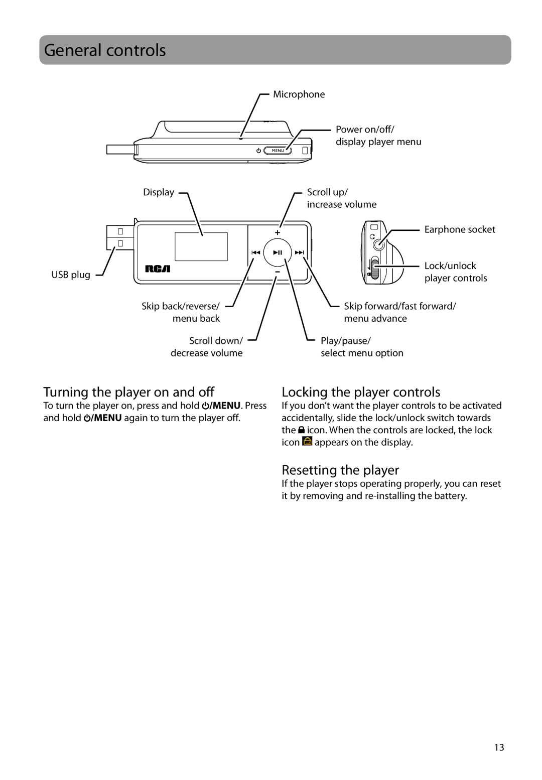 RCA TC161 user manual General controls, Turning the player on and off, Locking the player controls, Resetting the player 