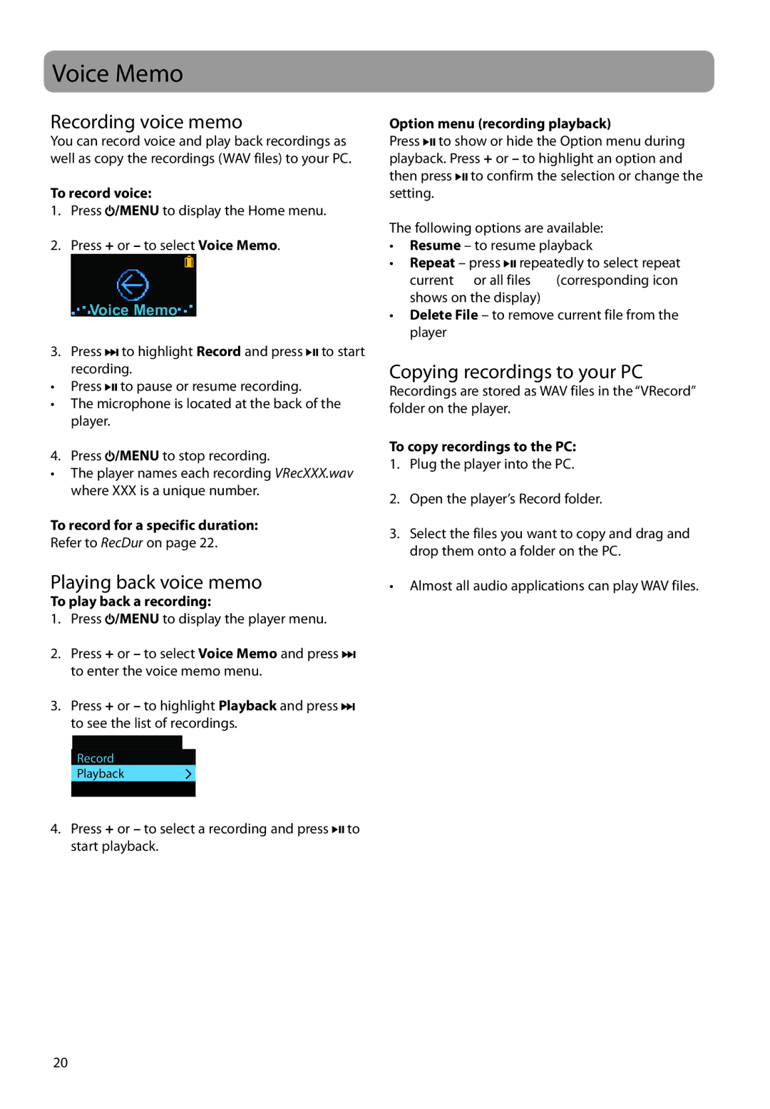 RCA TC161 user manual Voice Memo, Recording voice memo, Playing back voice memo, To record voice 