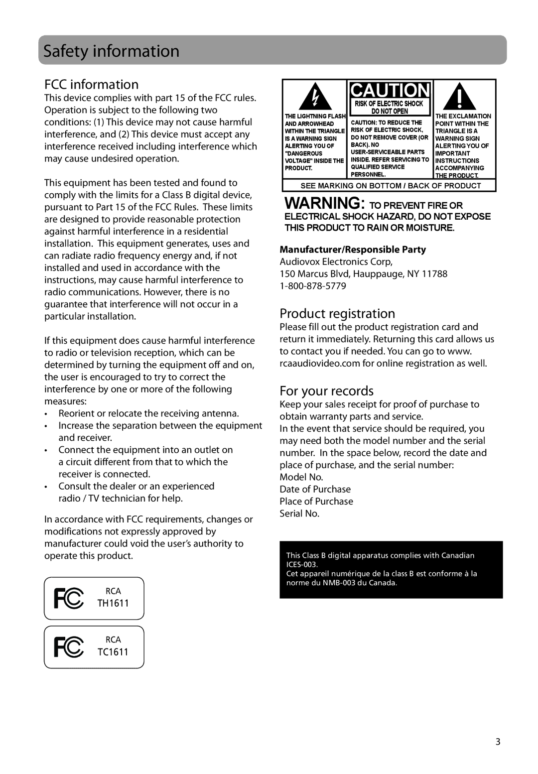 RCA TC161 Safety information, FCC information, Product registration For your records, Manufacturer/Responsible Party 