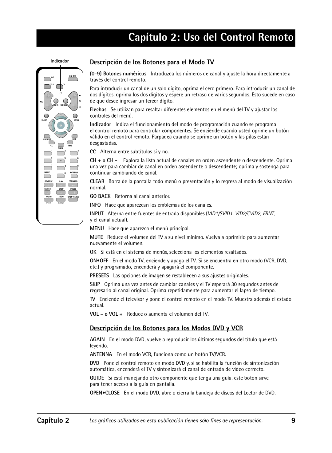 RCA Televison manual Descripción de los Botones para el Modo TV, Descripción de los Botones para los Modos DVD y VCR 