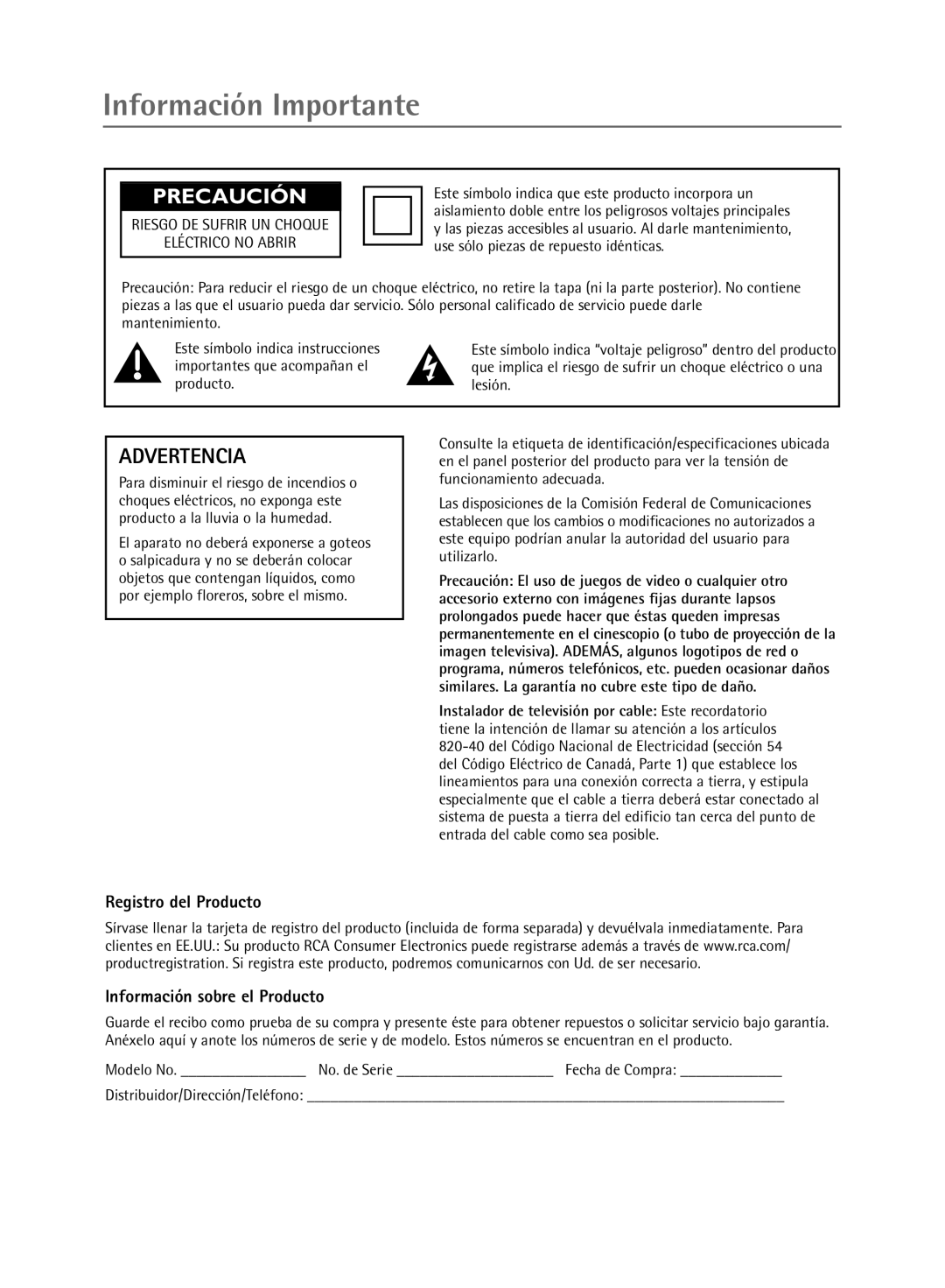 RCA Televison manual Información Importante, Registro del Producto Información sobre el Producto, ELƒCTRICO no Abrir 