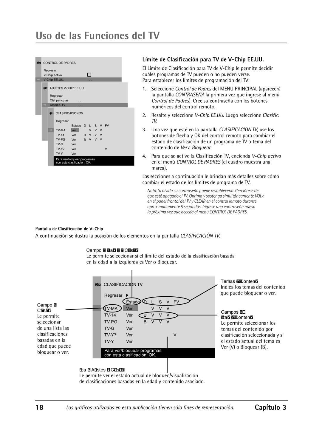 RCA Televison manual Límite de Clasificación para TV de V-Chip EE.UU, Para establecer los l’mites de programaci-n del TV 