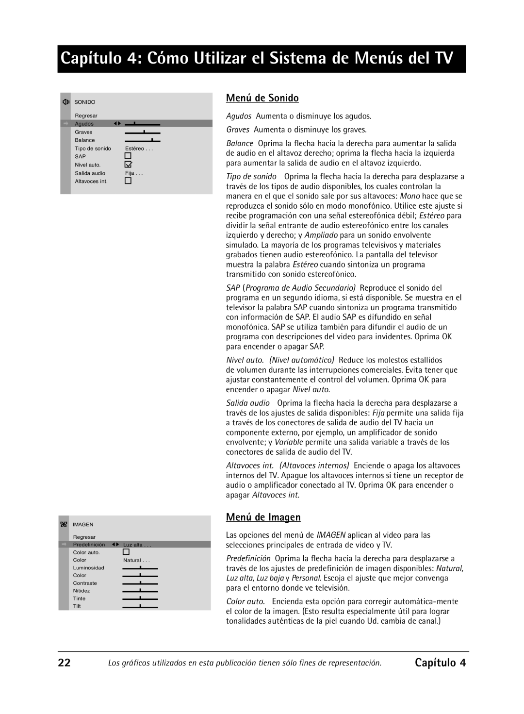 RCA Televison manual Menú de Sonido, Menú de Imagen, Nivel auto. Nivel automático Reduce los molestos estallidos 