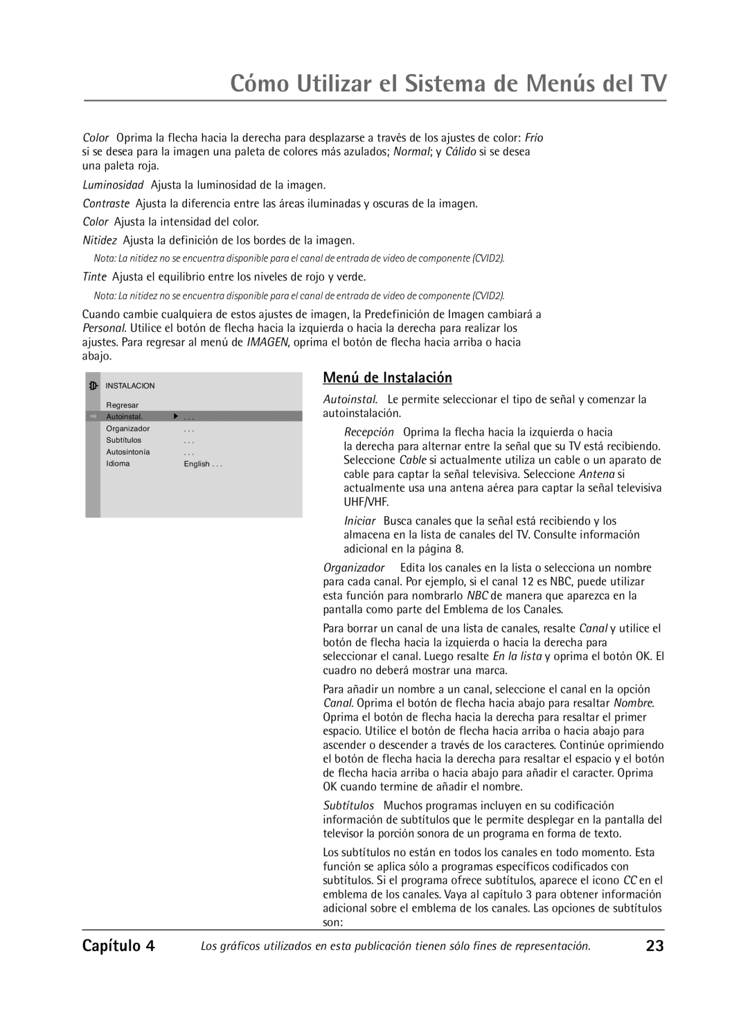 RCA Televison manual Cómo Utilizar el Sistema de Menús del TV, Menú de Instalación 