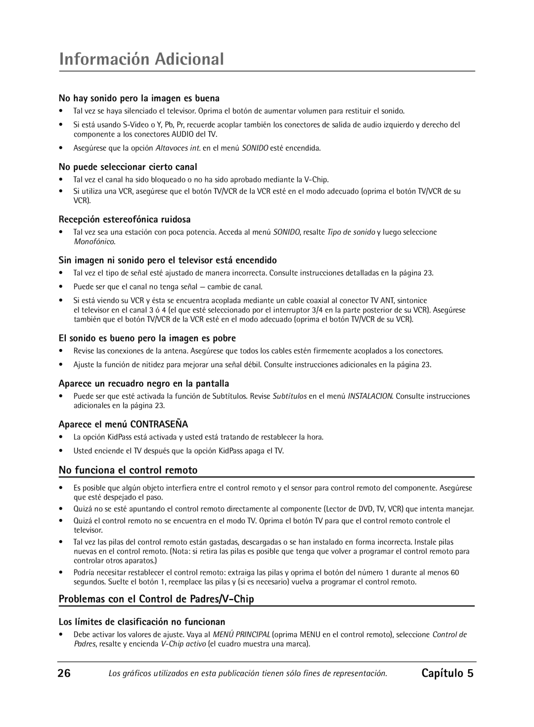 RCA Televison manual Información Adicional, No funciona el control remoto, Problemas con el Control de Padres/V-Chip 