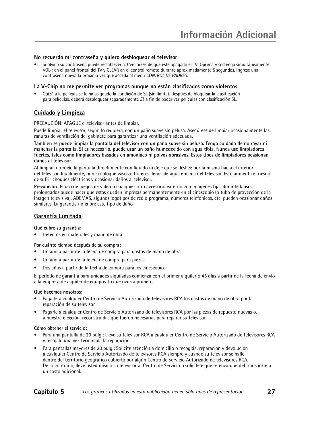 RCA Televison manual Cuidado y Limpieza, Garantía Limitada, No recuerdo mi contraseña y quiero desbloquear el televisor 