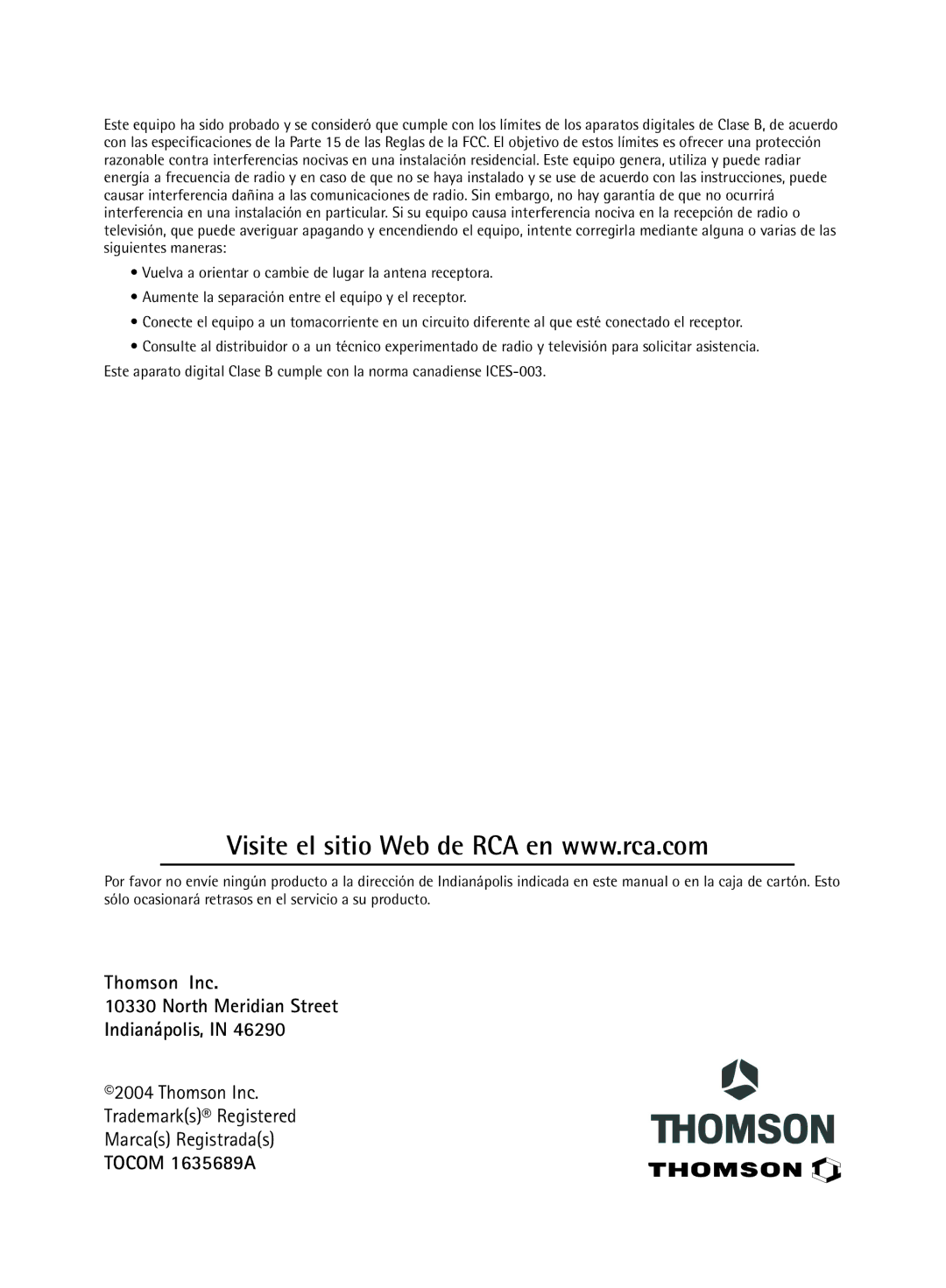 RCA Televison manual Thomson Inc North Meridian Street Indianápolis, Tocom 1635689A 