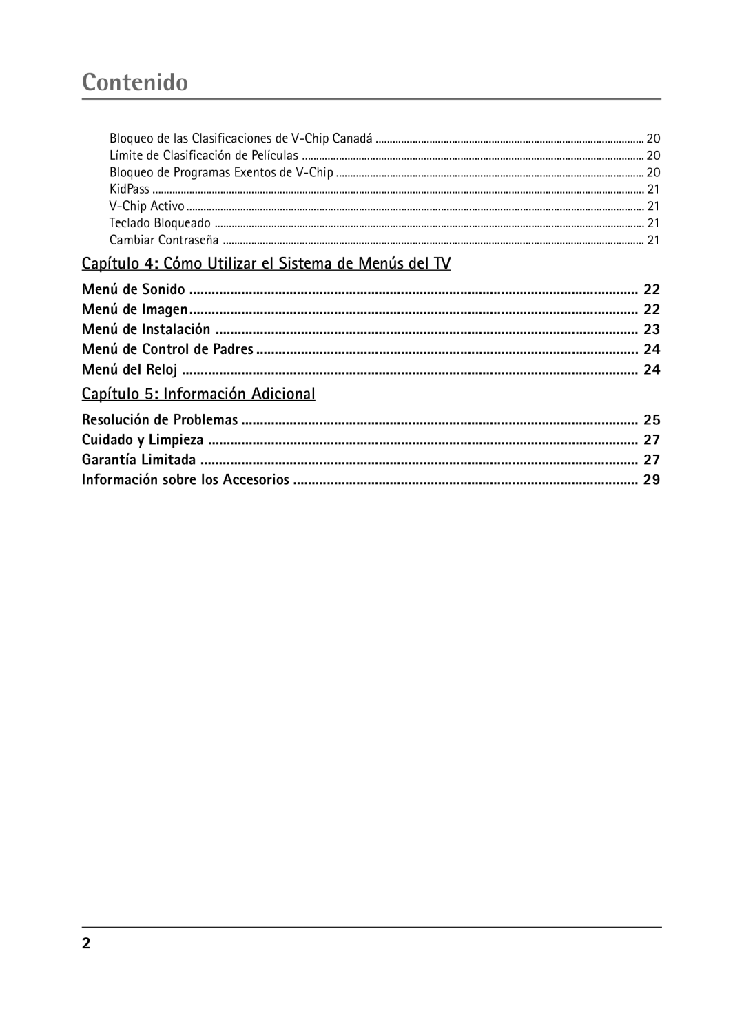 RCA Televison manual Contenido, Capítulo 4 Cómo Utilizar el Sistema de Menús del TV 