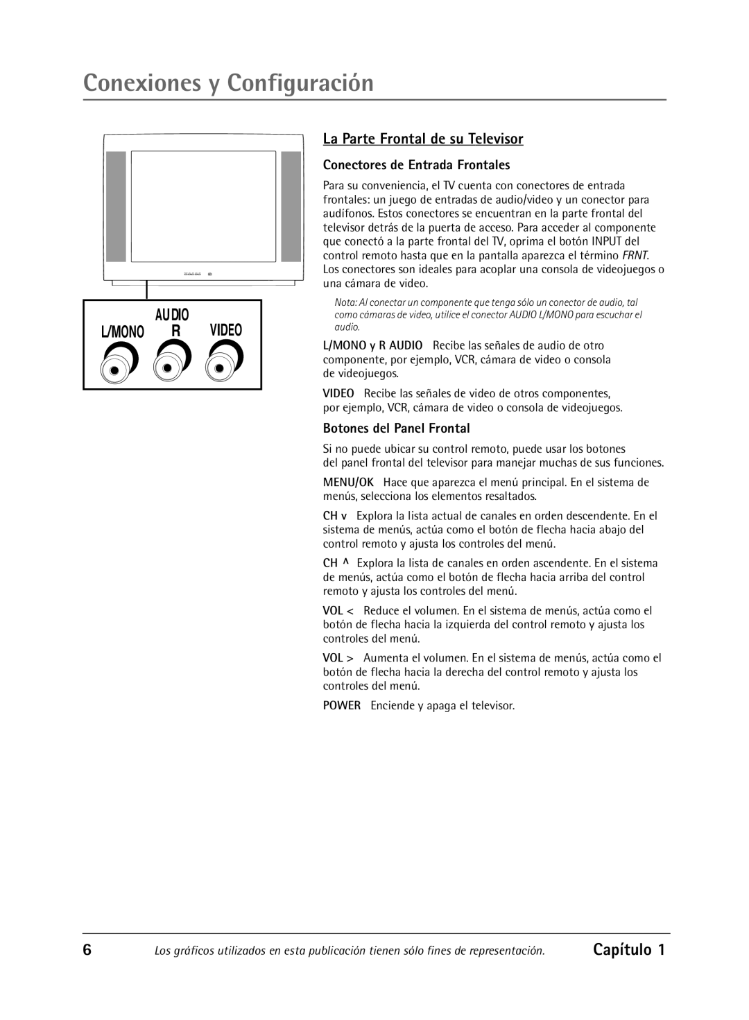 RCA Televison manual La Parte Frontal de su Televisor, Conectores de Entrada Frontales, Botones del Panel Frontal 