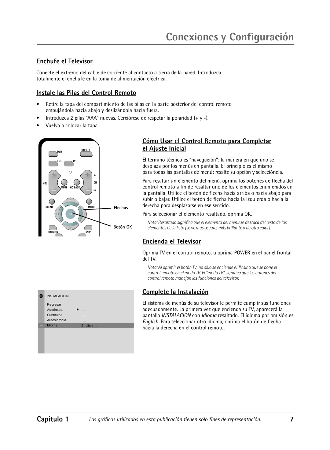 RCA Televison Enchufe el Televisor, Instale las Pilas del Control Remoto, Encienda el Televisor, Complete la Instalación 