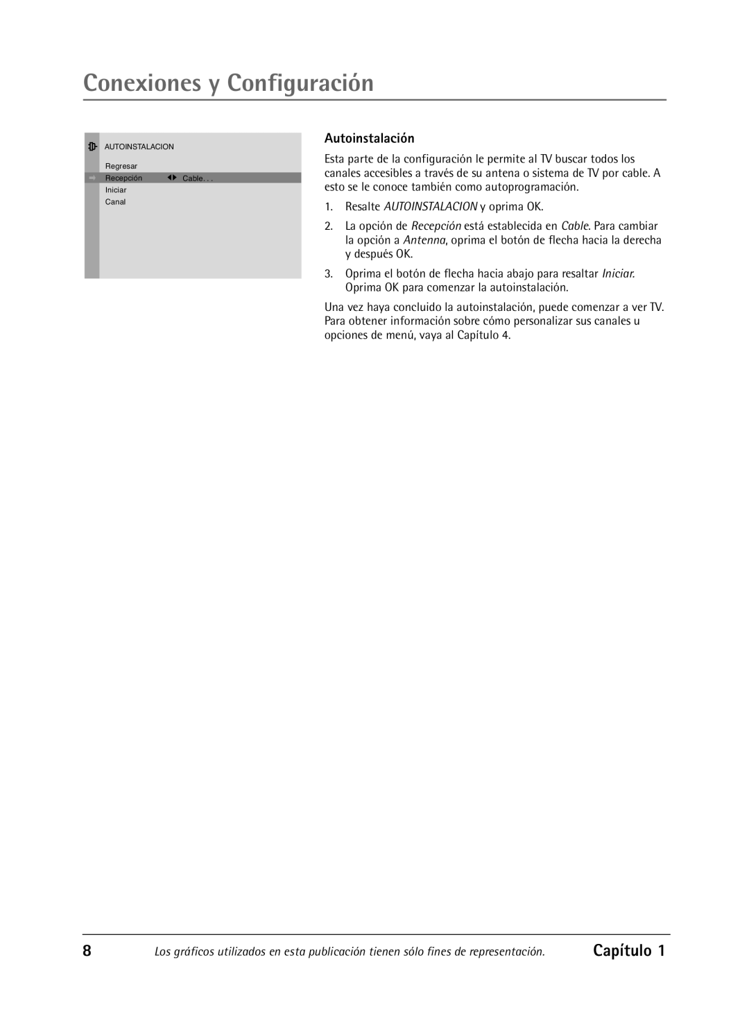 RCA Televison manual Autoinstalación, Conexiones y Configuración, Capítulo, Resalte AUTOINSTALACION y oprima OK 