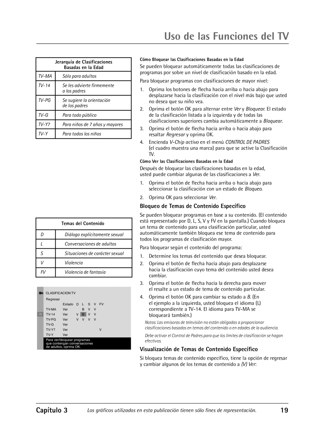 RCA Televison manual Bloqueo de Temas de Contenido Específico, Visualización de Temas de Contenido Específico, Capítulo 