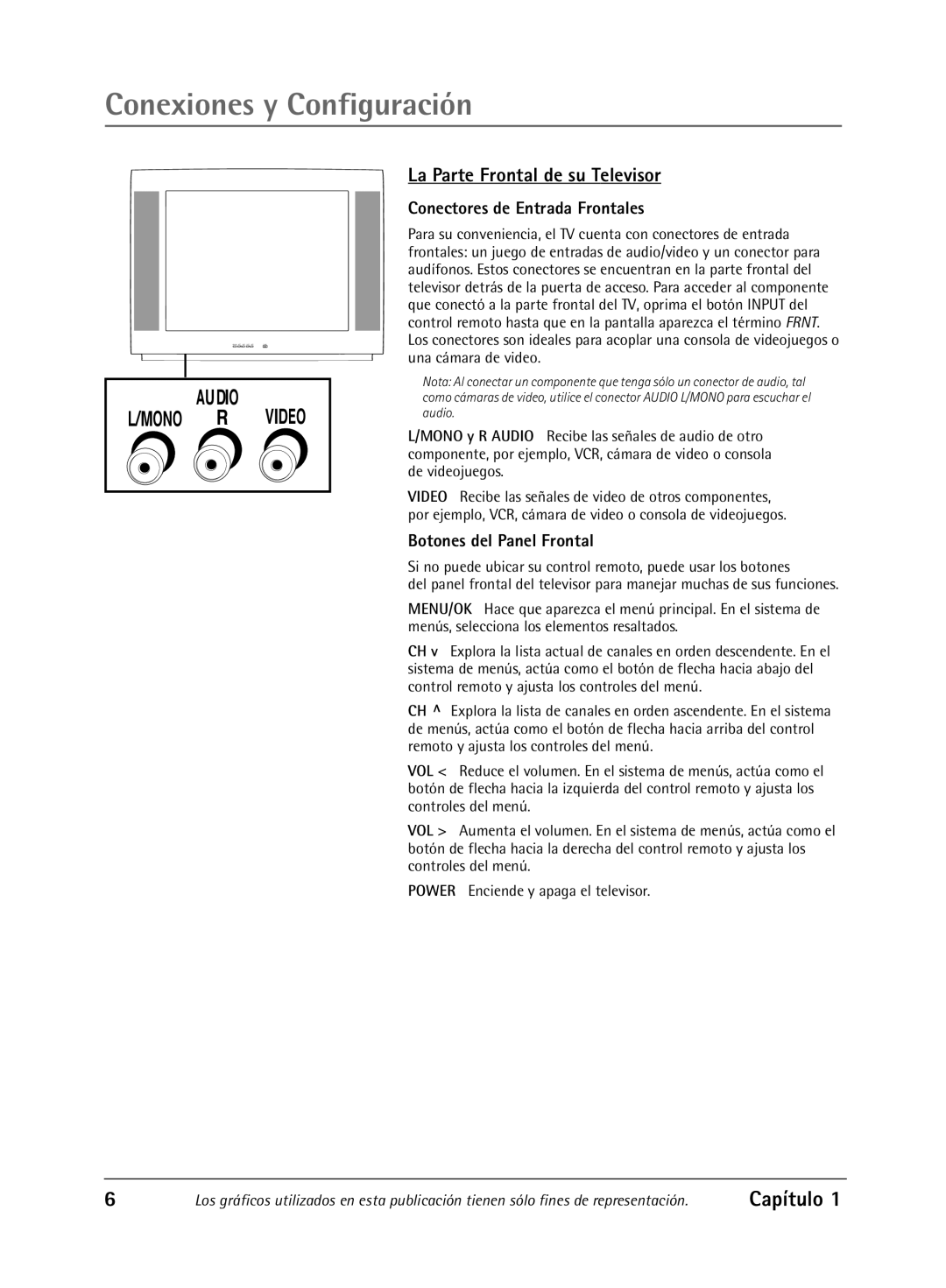 RCA Televison manual La Parte Frontal de su Televisor, Conectores de Entrada Frontales, Botones del Panel Frontal, Capítulo 