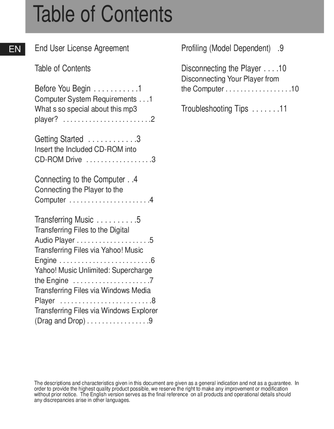 RCA TH1010, TH102, TH1011, TH103 manual Table of Contents 