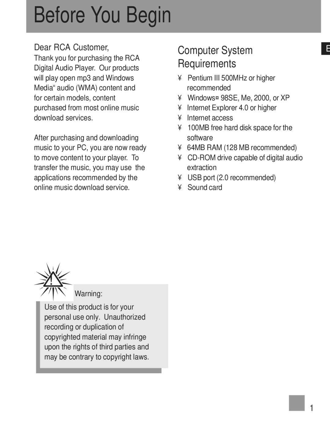 RCA TH102, TH1010, TH1011, TH103 manual Before You Begin, Computer System, Requirements 