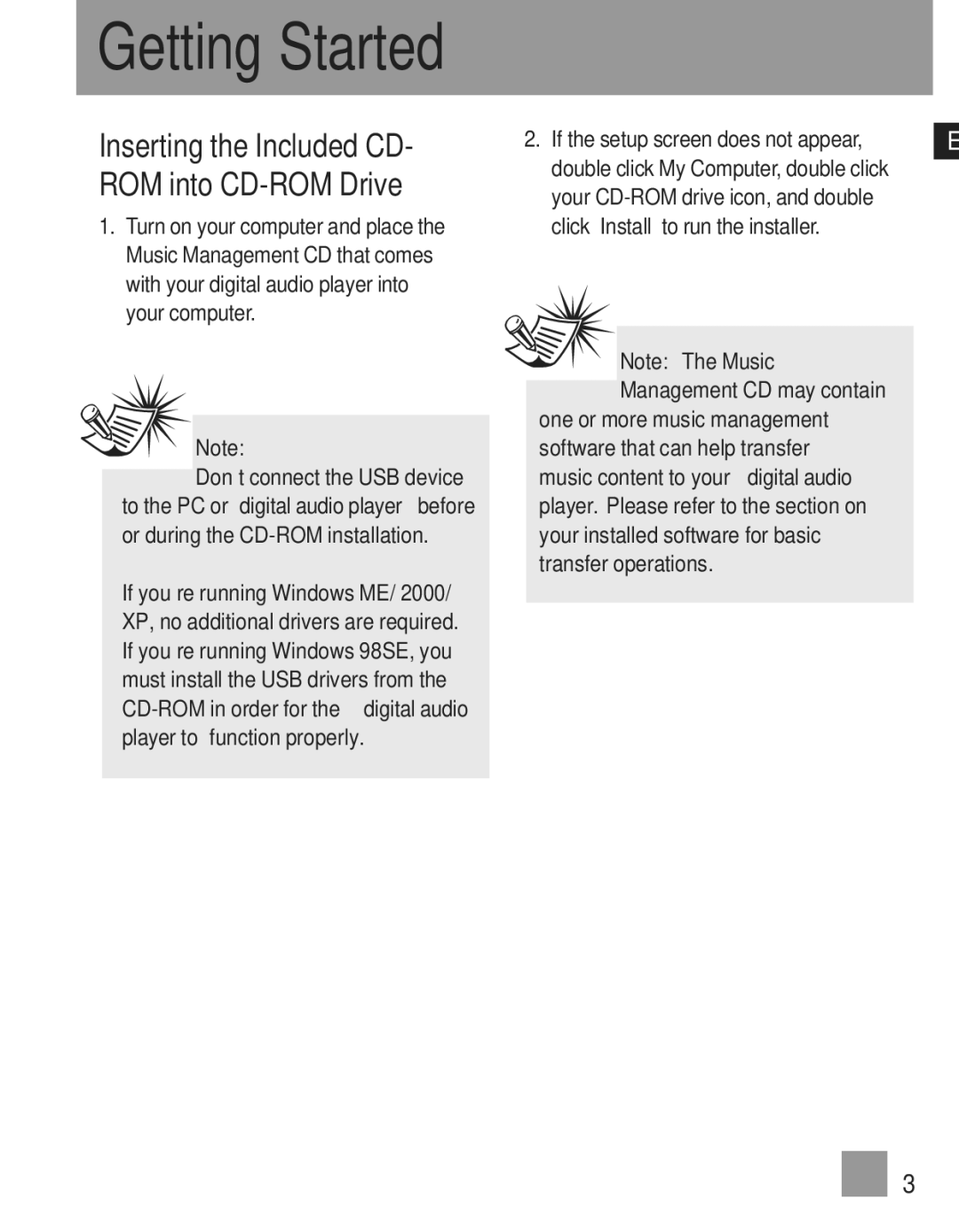 RCA TH1010, TH102, TH1011, TH103 manual Getting Started, Inserting the Included CD- ROM into CD-ROM Drive 