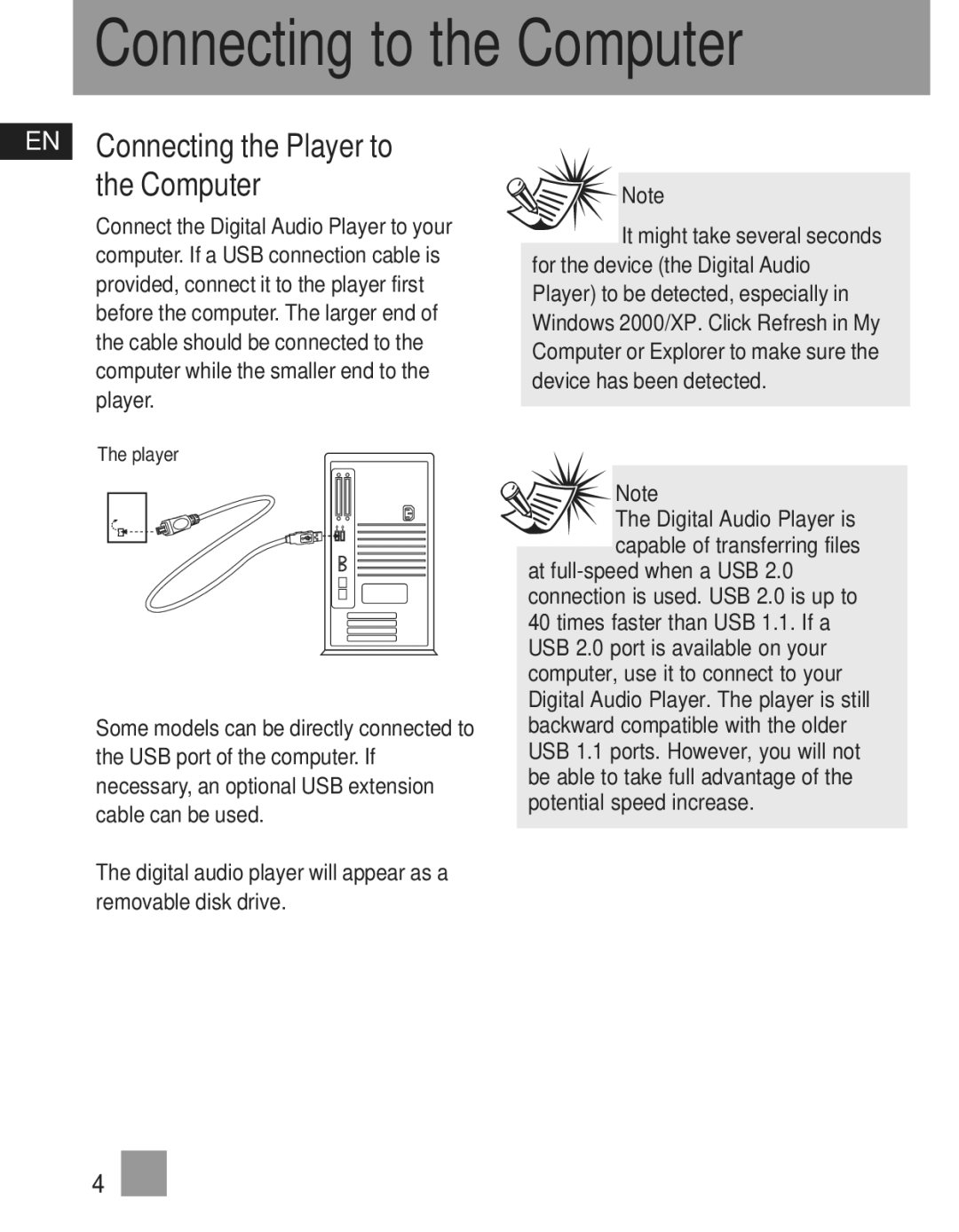 RCA TH103, TH1010, TH102, TH1011 manual Connecting to the Computer, EN Connecting the Player to the Computer 