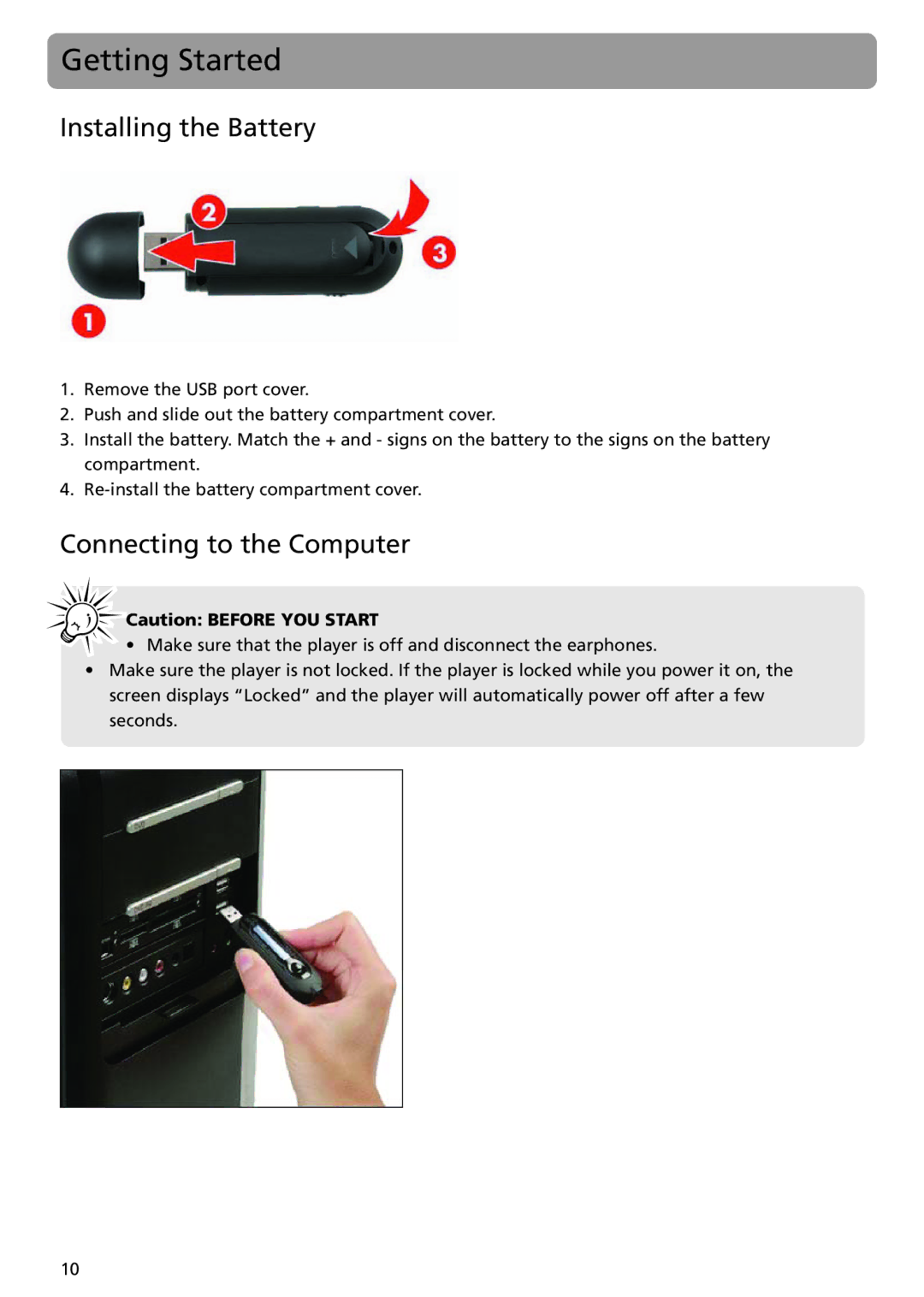 RCA TH1401 user manual Getting Started, Installing the Battery, Connecting to the Computer 