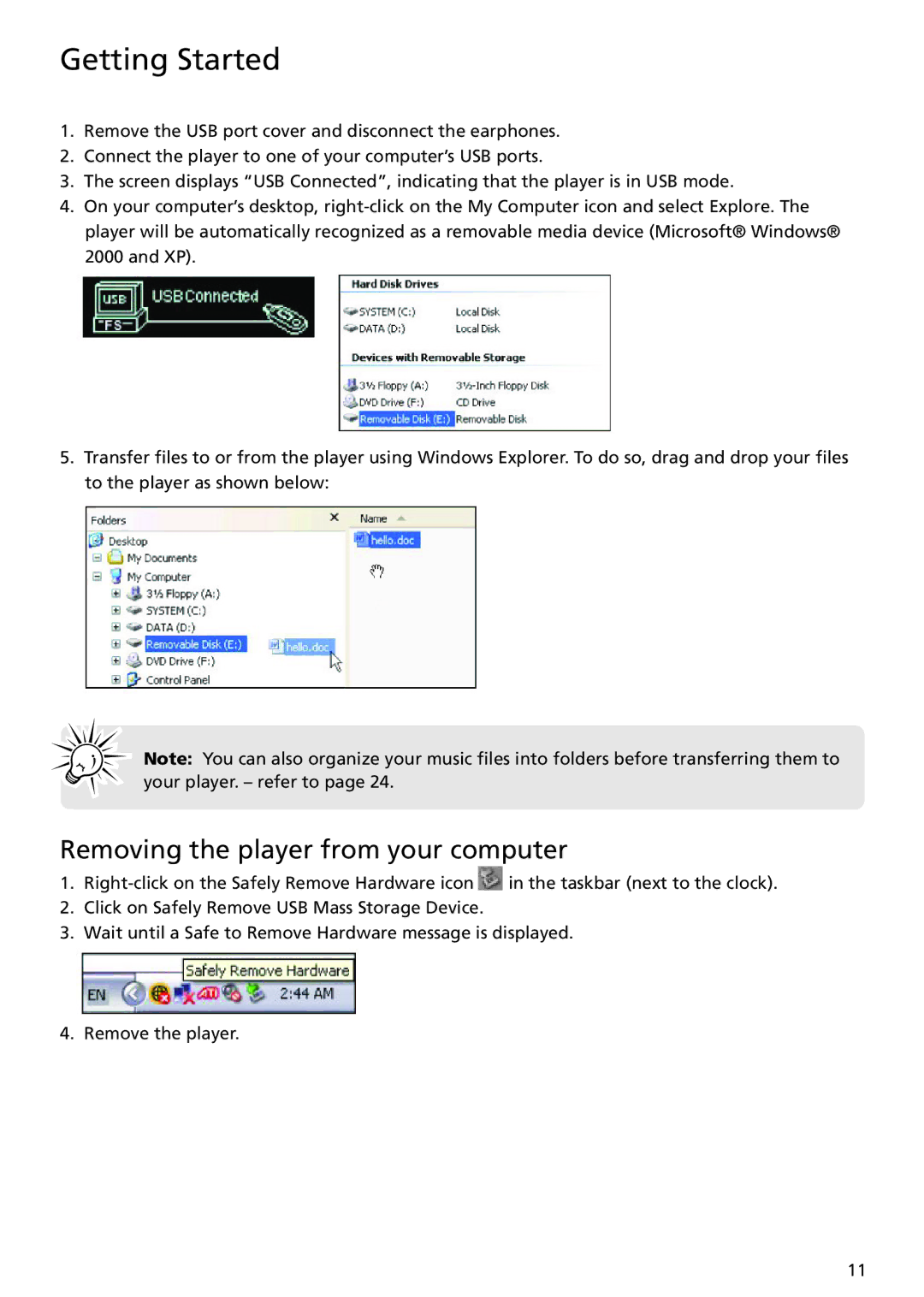 RCA TH1401 user manual Removing the player from your computer 