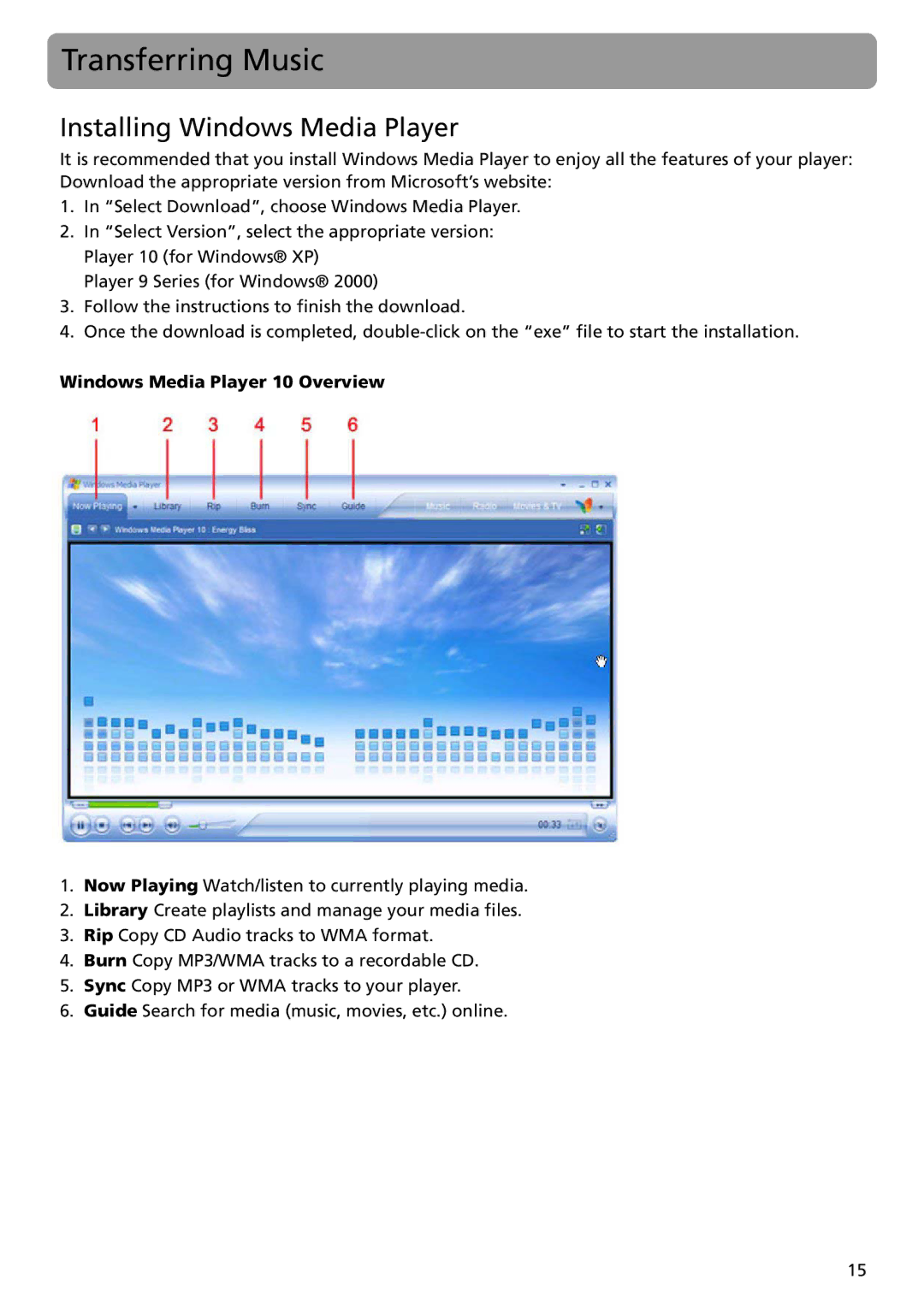 RCA TH1401 user manual Transferring Music, Installing Windows Media Player 