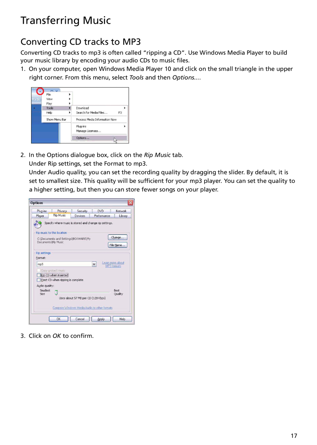 RCA TH1401 user manual Converting CD tracks to MP3 