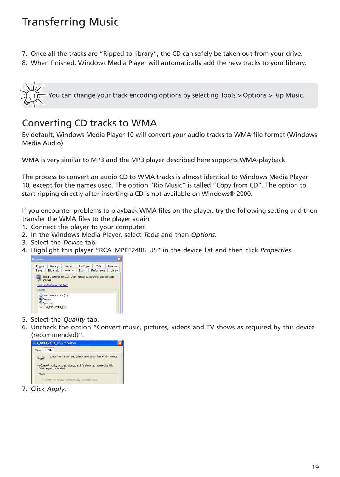 RCA TH1401 user manual Converting CD tracks to WMA 