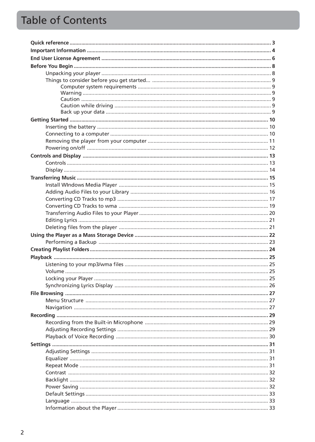 RCA TH1401 user manual Table of Contents 