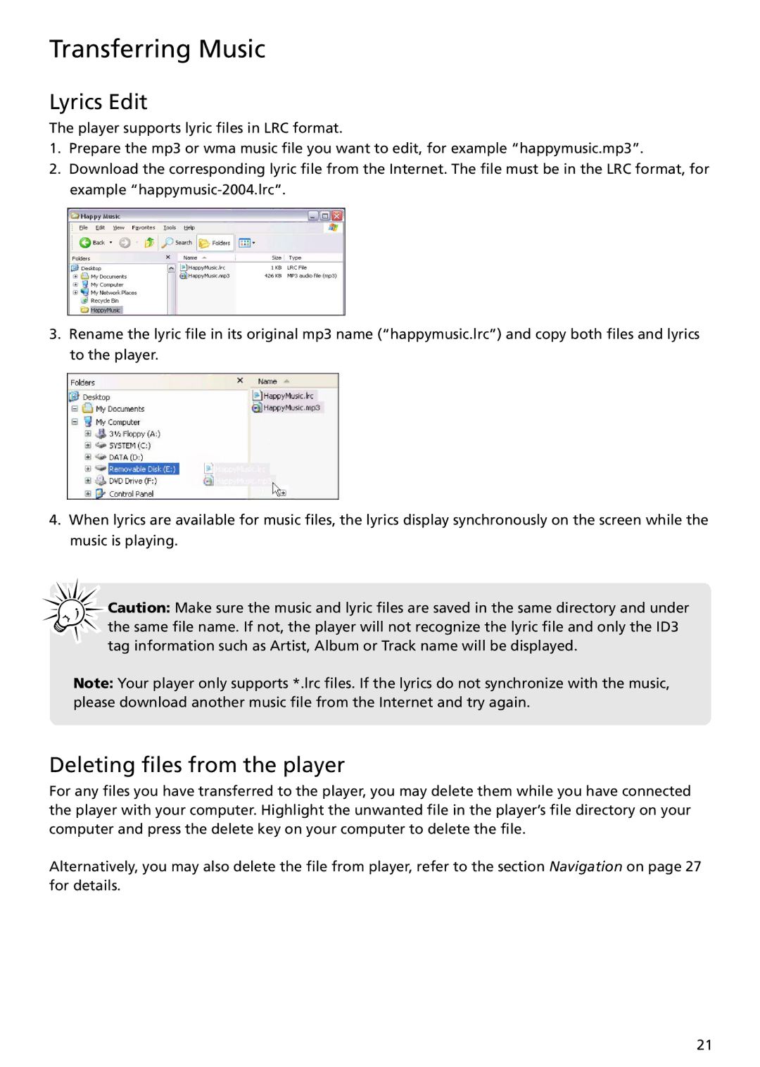 RCA TH1401 user manual Lyrics Edit, Deleting files from the player 