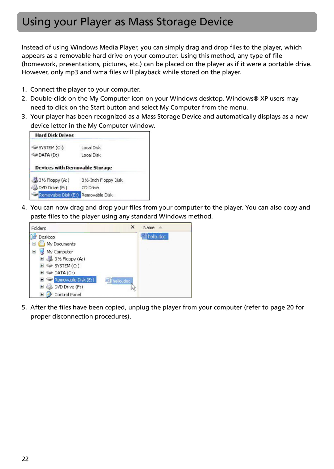 RCA TH1401 user manual Using your Player as Mass Storage Device 