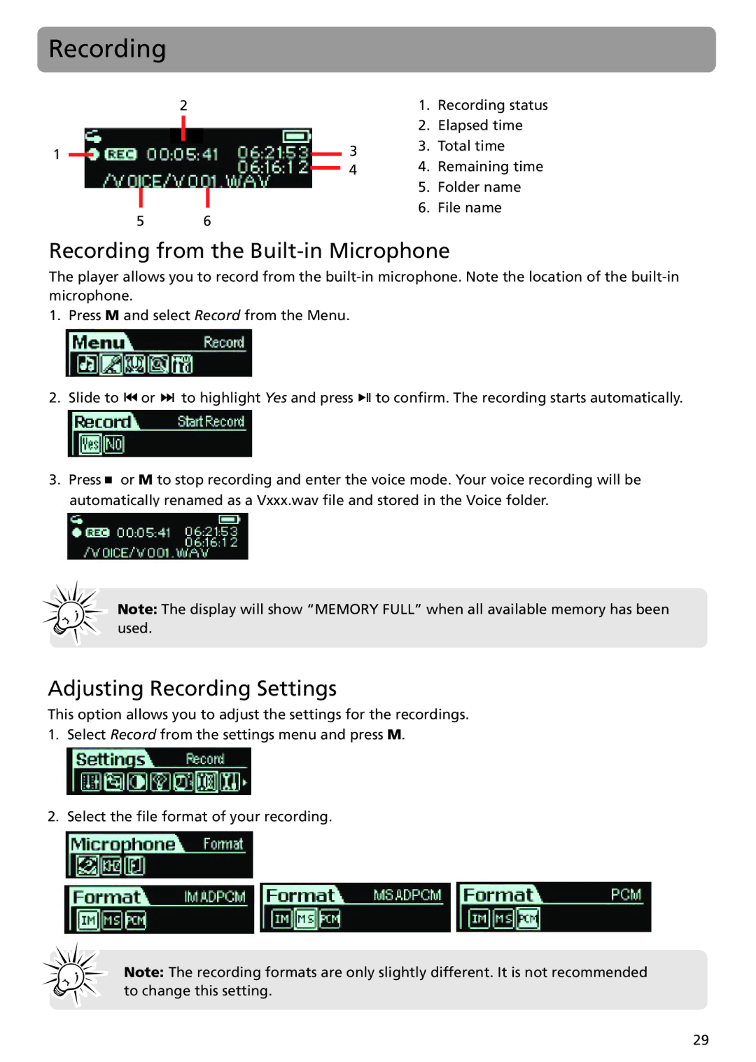 RCA TH1401 user manual Recording from the Built-in Microphone, Adjusting Recording Settings 