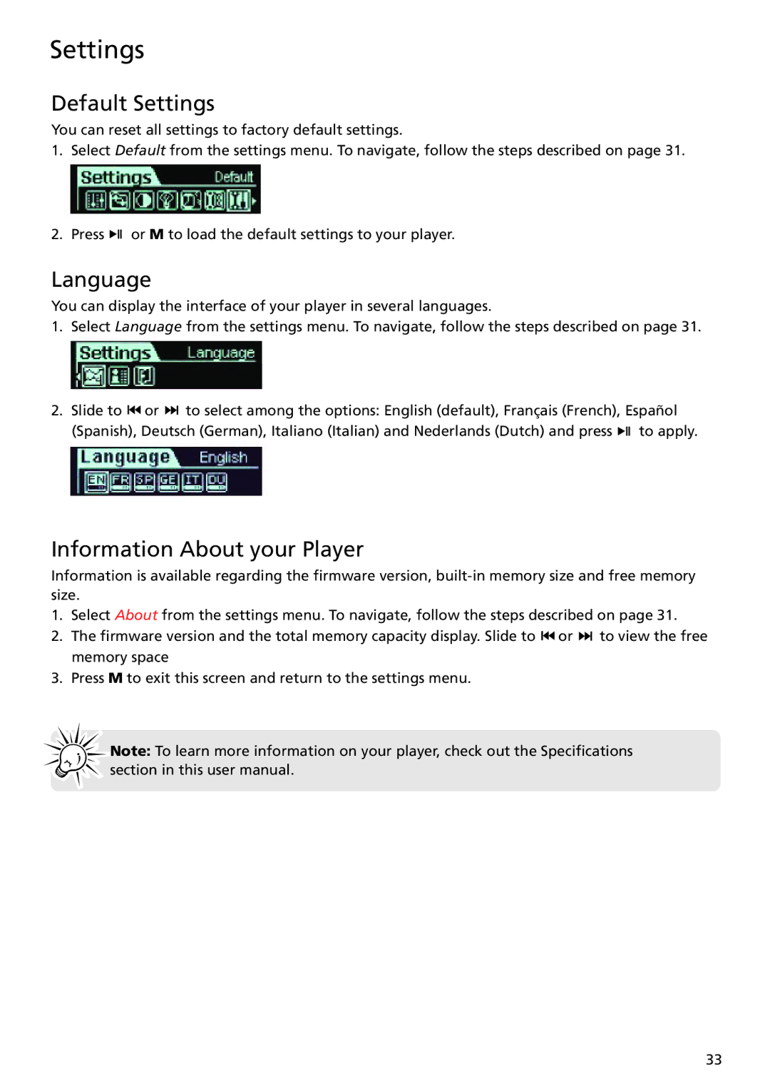 RCA TH1401 user manual Default Settings, Language, Information About your Player 