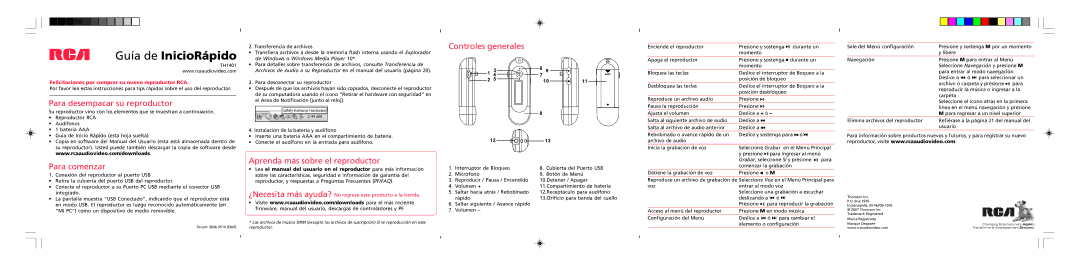 RCA TH1401 quick start Guía de InicioRápido, Para desempacar su reproductor, Controles generales, Para comenzar 