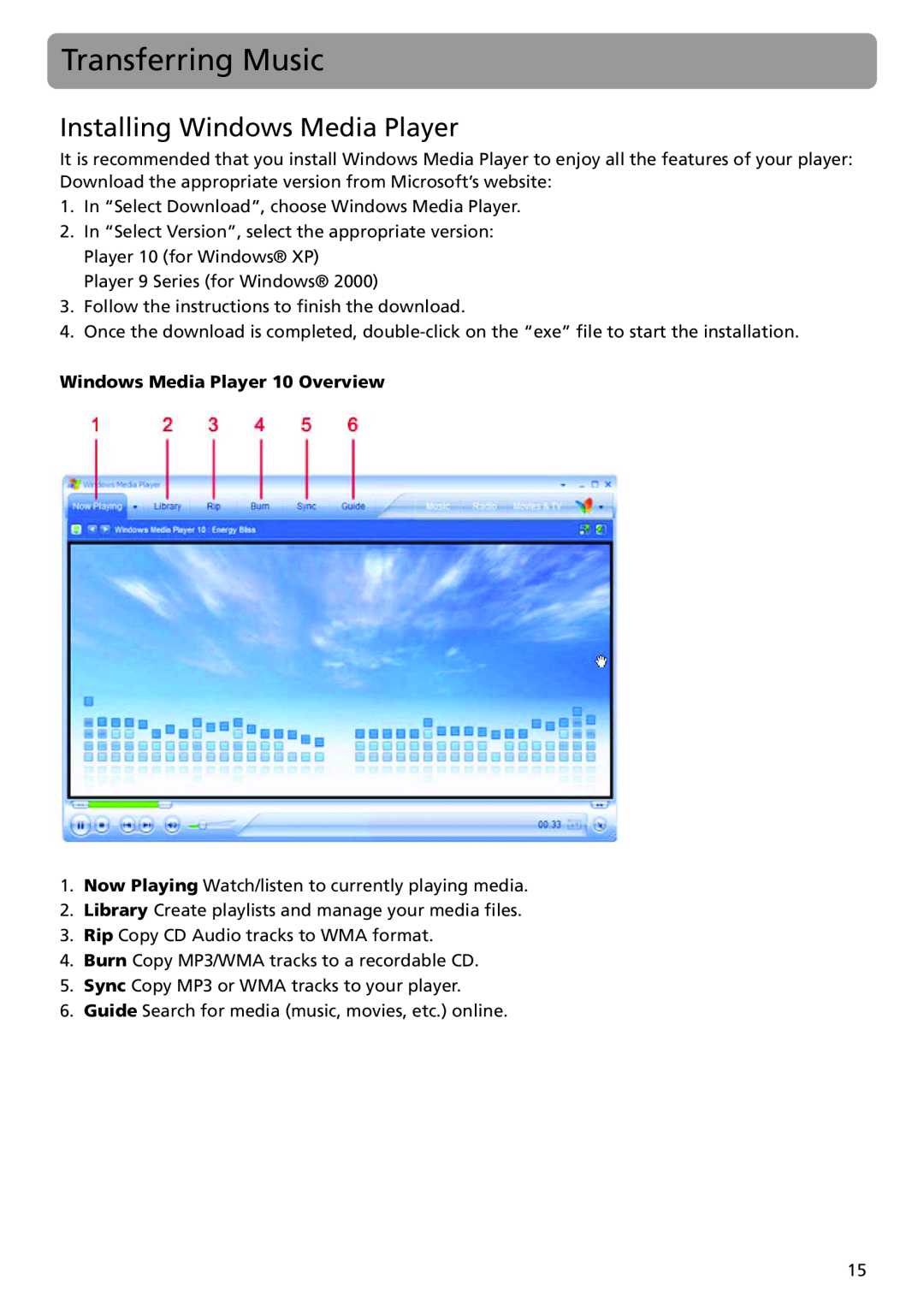 RCA TH1401 user manual Transferring Music, Installing Windows Media Player, Windows Media Player 10 Overview 