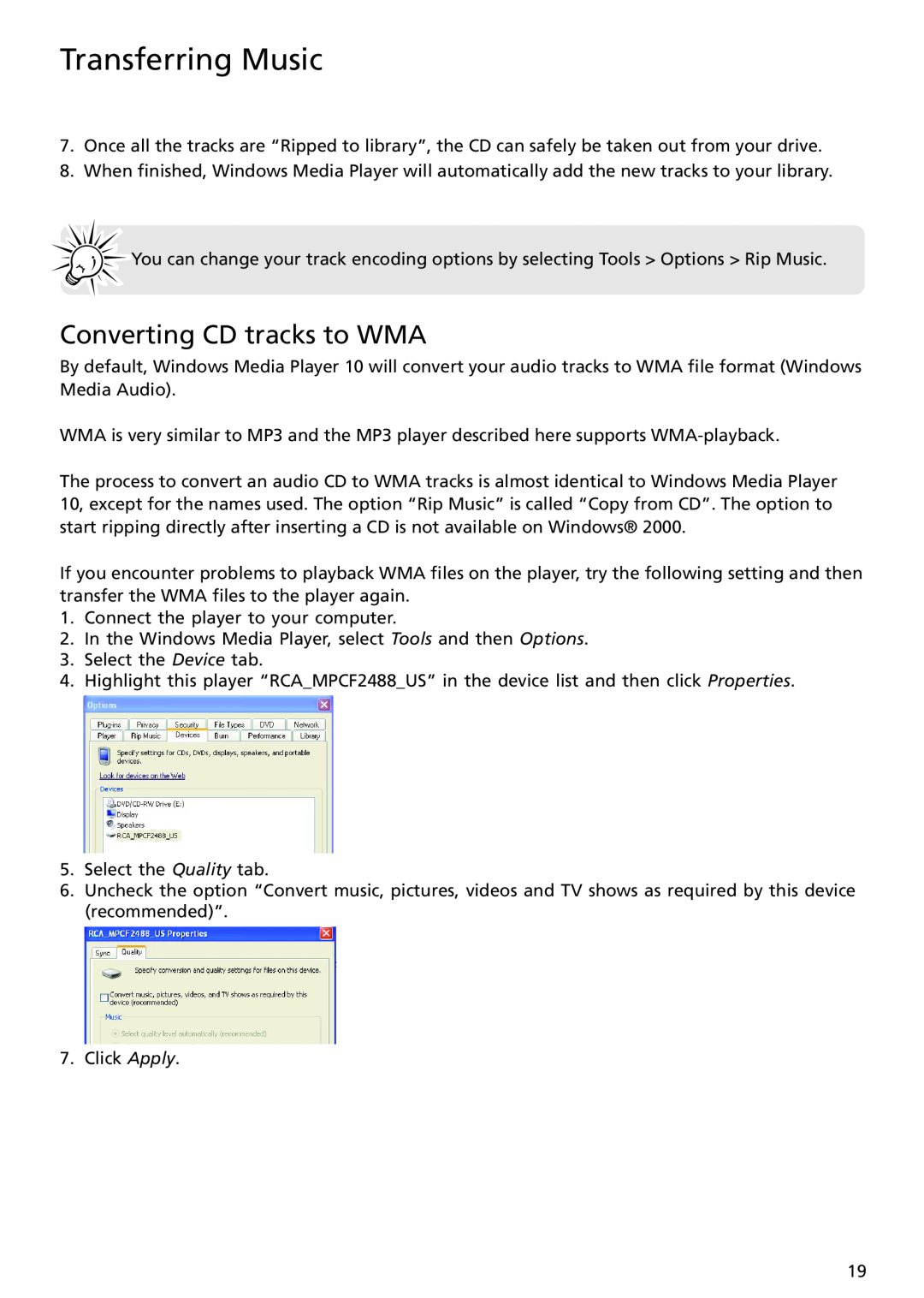 RCA TH1401 user manual Converting CD tracks to WMA, Transferring Music 