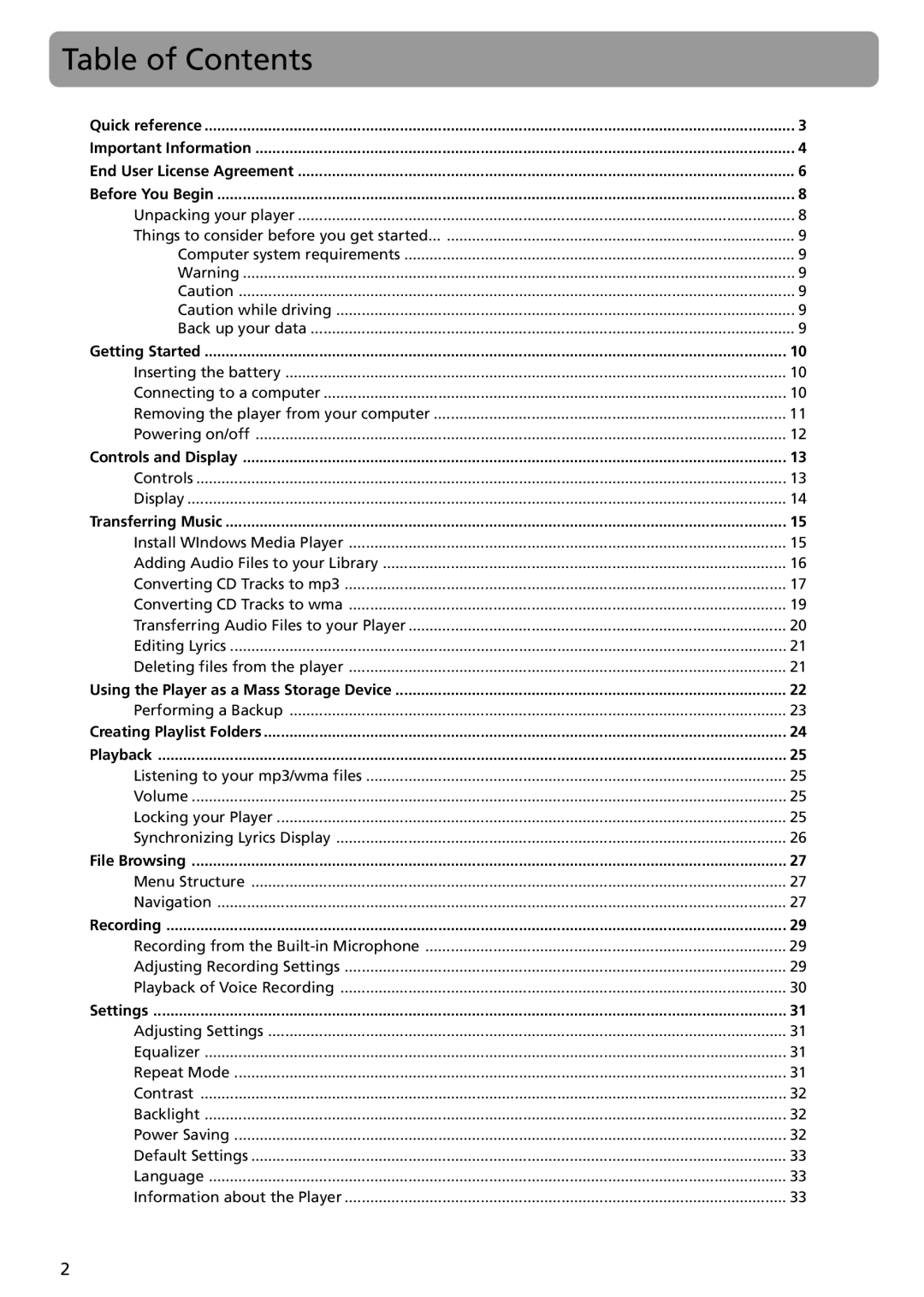 RCA TH1401 user manual Table of Contents, Computer system requirements, Caution while driving, Back up your data 