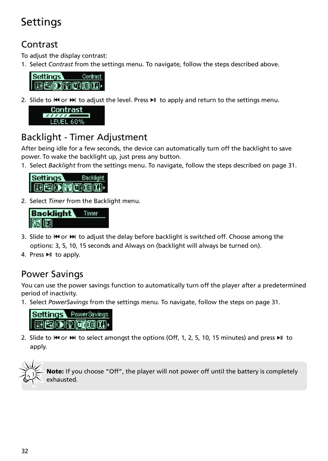 RCA TH1401 user manual Contrast, Backlight - Timer Adjustment, Power Savings, Settings 