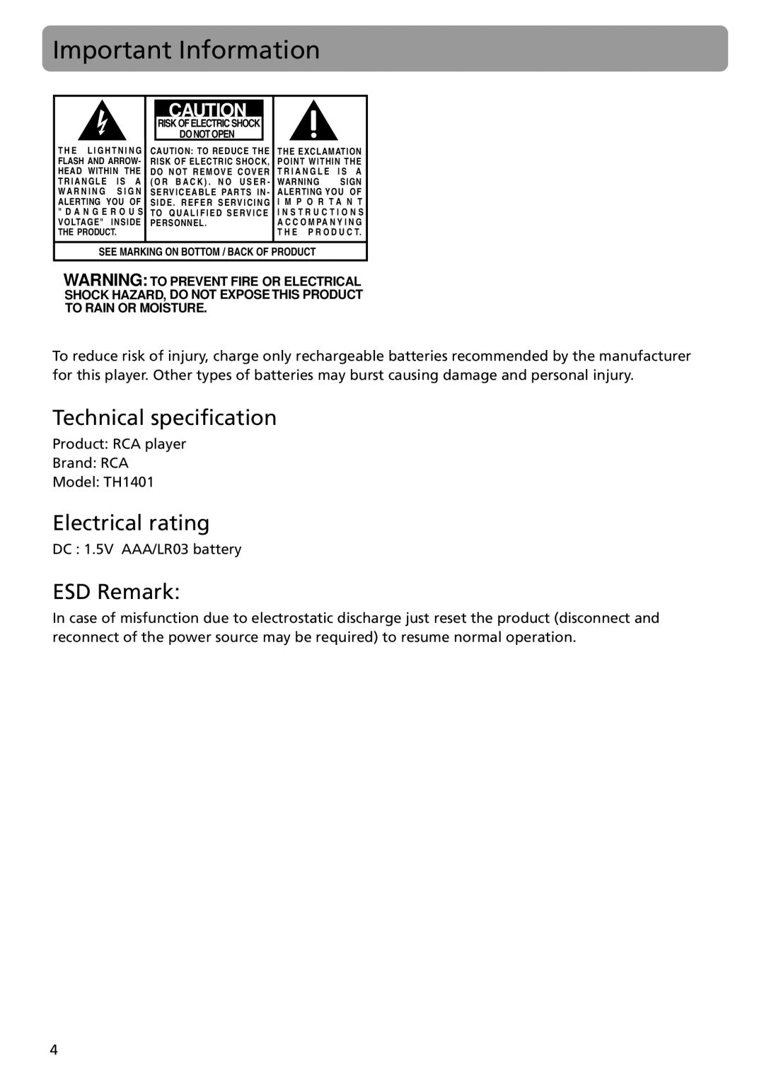 RCA TH1401 user manual Important Information, Technical specification, Electrical rating, ESD Remark 