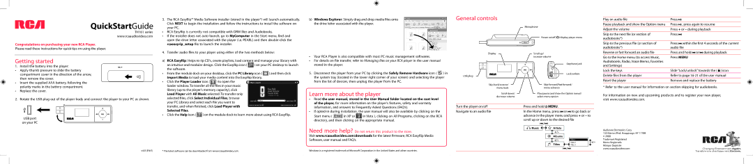 RCA TH161 Series quick start QuickStartGuide, General controls, Getting started, Learn more about the player 