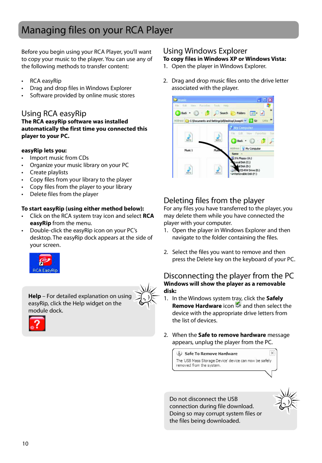 RCA TC1702 Managing files on your RCA Player, Using RCA easyRip, Using Windows Explorer, Deleting files from the player 