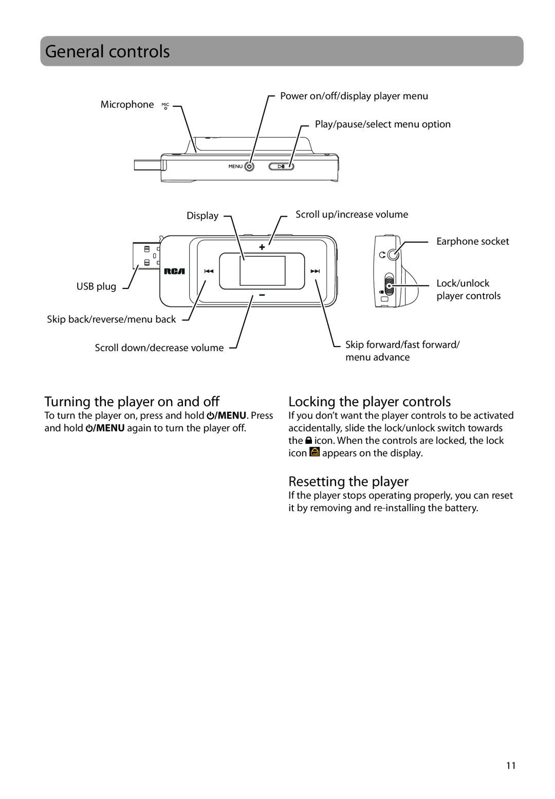 RCA TC1708, TH1702 General controls, Turning the player on and off, Locking the player controls, Resetting the player 